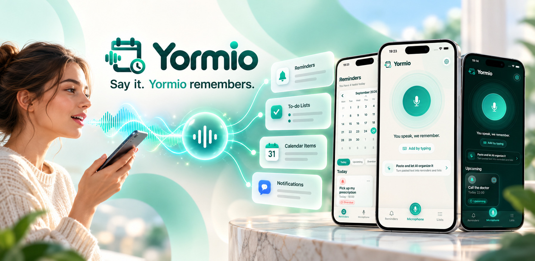 Yormio voice capture, reminders, and calendar app in light and dark mode